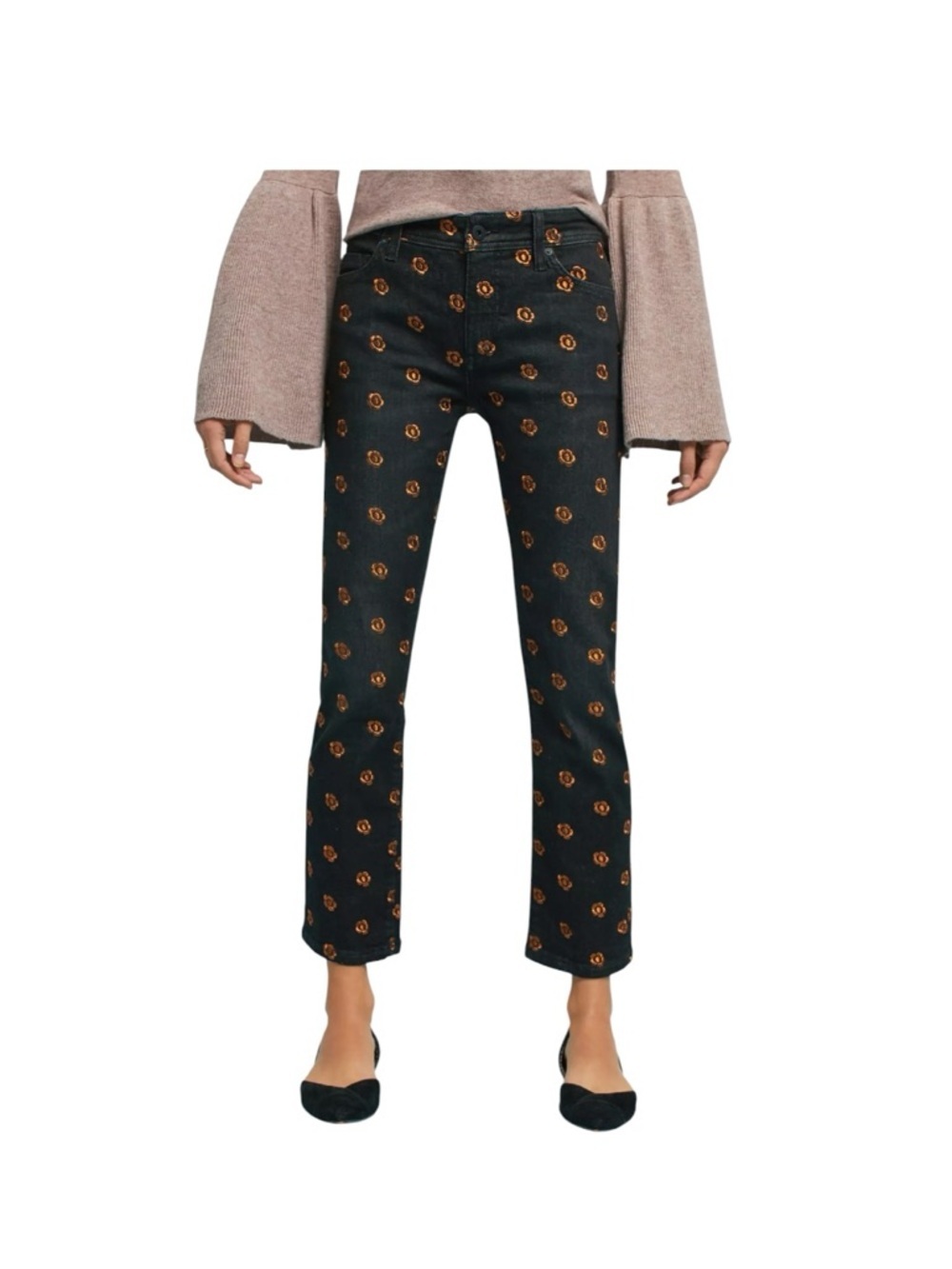 Pilcro and the Letterpress Black Jeans  Bronze Floral Embroidered Cropped 30